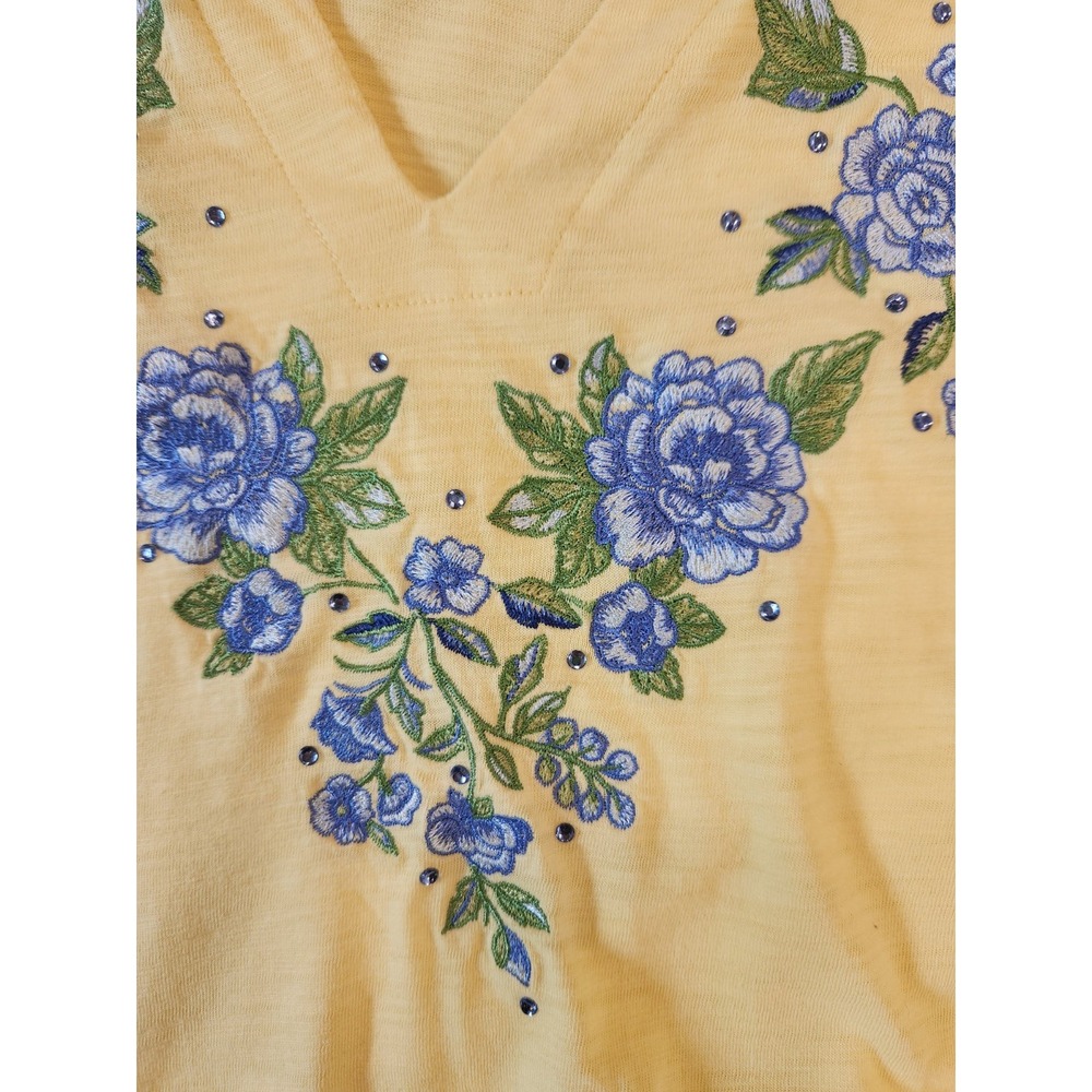 Quacker Factory Women's Yellow Blue Floral Embroidered Rhinestones Top Size L - Picture 10 of 13